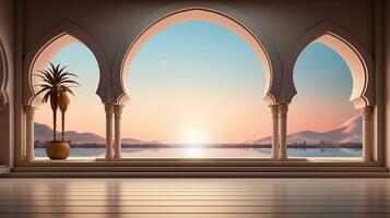 background for the Islamic holiday of Ramadan in a minimalist style, with a podium, with sunlight, in light beige delicate shades and elements of nature. ai generated photo