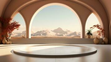 background for the Islamic holiday of Ramadan in a minimalist style, with a podium, with sunlight, in light beige delicate shades and elements of nature. ai generated photo