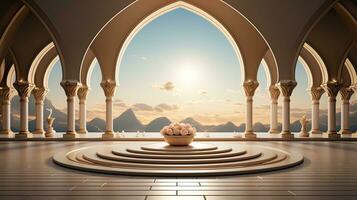 background for the Islamic holiday of Ramadan in a minimalist style, with a podium, with sunlight, in light beige delicate shades and elements of nature. ai generated photo