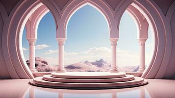 background for the Islamic holiday of Ramadan in a minimalist style, with a podium, with sunlight, in light beige delicate shades and elements of nature. ai generated photo