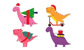 Christmas dinosaur cute design vector set