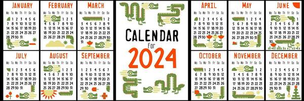 Dragon calendar for 2024. Isolated on a white background. Cover and pages for 12 months with seasonal flat vector cute illustrations in green and orange colors. Bright geometric cute dragons