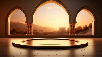 background for the Islamic holiday of Ramadan in a minimalist style, with a podium, with sunlight, in light beige gold delicate shades and elements of nature. ai generated photo