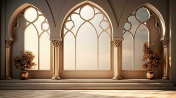 background for the Islamic holiday of Ramadan in a minimalist style, with a podium, with sunlight, in light beige gold delicate shades and elements of nature. ai generated photo