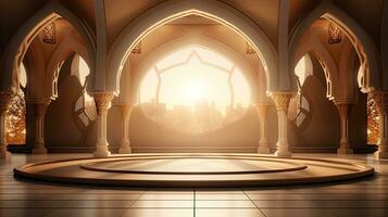 background for the Islamic holiday of Ramadan in a minimalist style, with a podium, with sunlight, in light beige gold delicate shades and elements of nature. ai generated photo