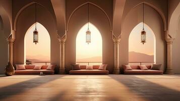 antecedentes para el islámico fiesta de Ramadán en un minimalista estilo, con un podio, con luz de sol, en ligero beige oro delicado sombras y elementos de naturaleza. ai generado foto