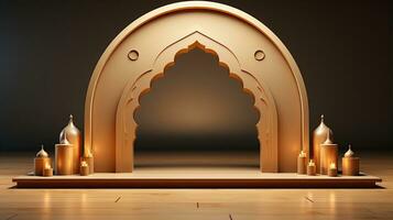 background for the Islamic holiday of Ramadan in a minimalist style, with a podium, with sunlight, in light beige gold delicate shades and elements of nature. ai generated photo