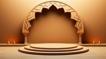 background for the Islamic holiday of Ramadan in a minimalist style, with a podium, with sunlight, in light beige gold delicate shades and elements of nature. ai generated photo