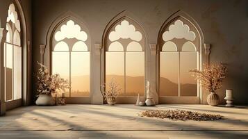 background for the Islamic holiday of Ramadan in a minimalist style, with a podium, with sunlight, in light beige gold delicate shades and elements of nature. ai generated photo