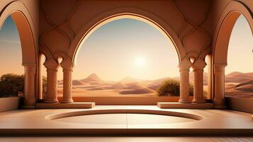 background for the Islamic holiday of Ramadan in a minimalist style, with a podium, with sunlight, in light beige gold delicate shades and elements of nature. ai generated photo