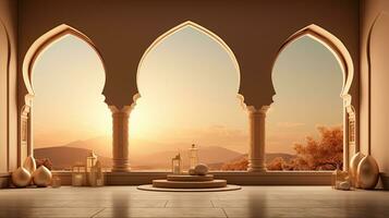 background for the Islamic holiday of Ramadan in a minimalist style, with a podium, with sunlight, in light beige gold delicate shades and elements of nature. ai generated photo