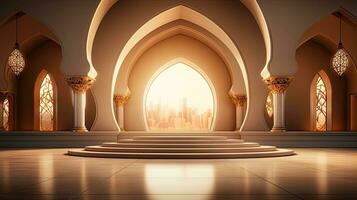 background for the Islamic holiday of Ramadan in a minimalist style, with a podium, with sunlight, in light beige gold delicate shades and elements of nature. ai generated photo