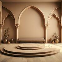 background for the Islamic holiday of Ramadan in a minimalist style, with a podium, with sunlight, in light beige gold delicate shades and elements of nature. ai generated photo