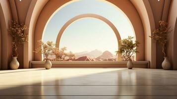 background for the Islamic holiday of Ramadan in a minimalist style, with a podium, with sunlight, in light beige gold delicate shades and elements of nature. ai generated photo