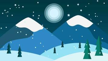 flat design landscape in winter with snow mountain moon trees hills at night vector