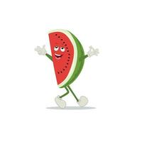 Watermelon slice character with funny face. Happy cute cartoon watermelon emoji set. Healthy vegetarian food character vector illustration