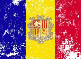 Damaged flag Andorra. Andorra flag with grunge texture. Independence Day. Banner, poster template. National flag Andorra with coat arms. State flag Andorra is drawn in ink. vector