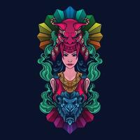 female tribe with oni crown and lion zodiac vector