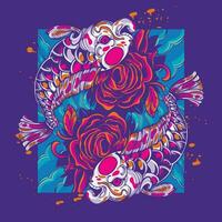 gemelo koi pescado con flores obra de arte ilustración vector