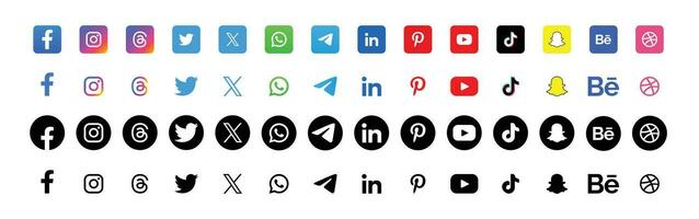 Icon set of popular social applications with rounded corners Facebook, Instagram, twitter, whatsapp, messenger and other social media logos square set in color and black vector