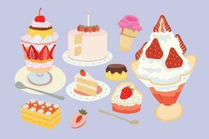 Vector illustration of a set of different desserts on a purple background.