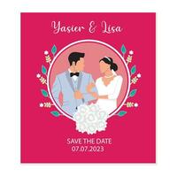 Wedding invitation card with bride and groom. Vector illustration.