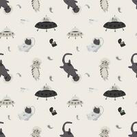 Seamless pattern with various astronaut cats in helmets, spacesuits playing among the stars in space. Vector illustration