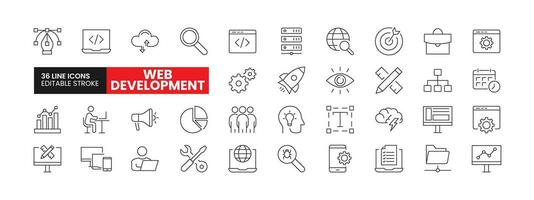 Set of 36 Web Development line icons set. Web Development outline icons with editable stroke collection. Includes Coding, Web Development, Idea, Tools, Maintenance and More. vector