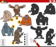 finding shadows game with cartoon apes animal characters vector