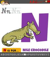 letter N from alphabet with cartoon Nile crocodile animal vector