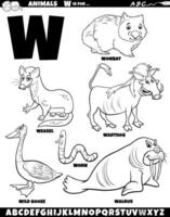 cartoon animal characters for letter W set coloring page vector