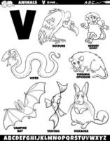 dibujos animados animal caracteres para letra v conjunto colorante página vector