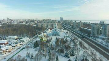 Ulyanovsk City and Cathedral in Winter on Sunny Day. Russia. Aerial View video