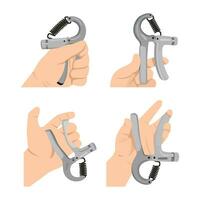 Man doing hand grip with grip strengthener exercise set. vector