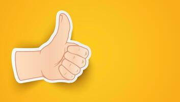 Vector background with icon of like hand. Vector illustration of like on yellow background. Sticker of thumb up.