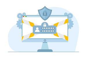 Cyber security concept, data protection metaphors set. Database, cyber security, control, protection of computer services. Computer screen with padlock interface showing user data protection. vector