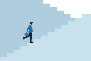 Career success concept for leadership, achieving business goals and challenges, Business Achievement, confident businessman taking small steps up the stairs with arrow pointing up. vector