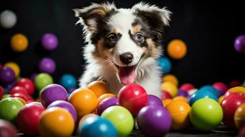 Australian Shepherd puppy with colorful balls. Playful pet on a black background.  AI Generated photo