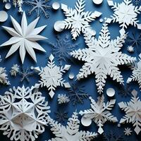 White paper snowflakes on a blue background. Decorative winter background.  AI Generated photo