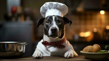 Spectacular black dog in a white suit in the kitchen at the table. Chef for pets.  AI Generated photo