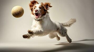Studio shot of a cute welsh Springer spaniel jumping with a tennis ball.  AI Generated photo