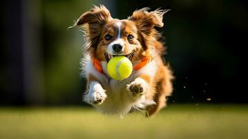 Cute dog running with a ball in his teeth.  AI Generated photo