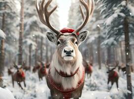 Free range Christmas reindeer in the winter forest.  AI Generated photo