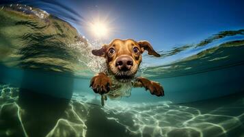 A dog swims in a pool against the background of the sun.  AI Generated photo