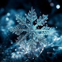 Ice snowflake and water drops on a blue background with bokeh effect. Avant-Garde winter background.  AI Generated photo