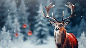 Handsome deer with huge antlers against the backdrop of the Christmas forest.  AI Generated photo