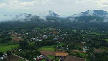 Aerial view of Pai River across rice fields and rural villages in the morning. Drone view of a rural village in northern Thailand. video