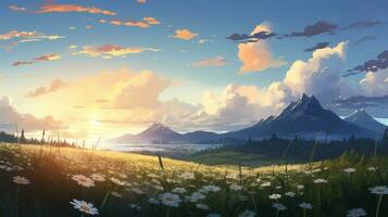 Beautiful landscape background. Cartoon summer sunrise with clouds, field, mountain and sunshine. Anime style photo