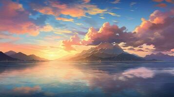 Beautiful landscape background. Cartoon summer sunrise with clouds, mountain, lake and sunshine. Anime style photo