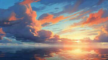 maravilloso paisaje con un dibujos animados verano amanecer, mullido nubes, mar, y un brillante Dom brillante en el cielo. foto